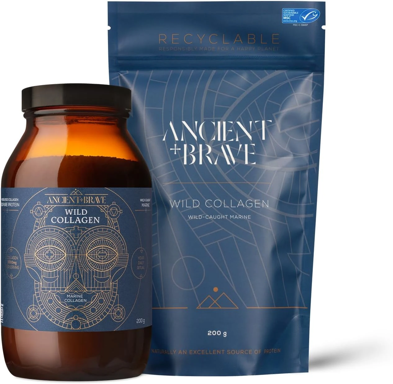 Ancient + Brave Wild Collagen Powder Bundle - Pure Hydrolyzed Marine Collagen Peptides Supplement - Best Collagen Powder for Women (Fish) - High Protein, Fasting Friendly - Skin, Hair & Nail