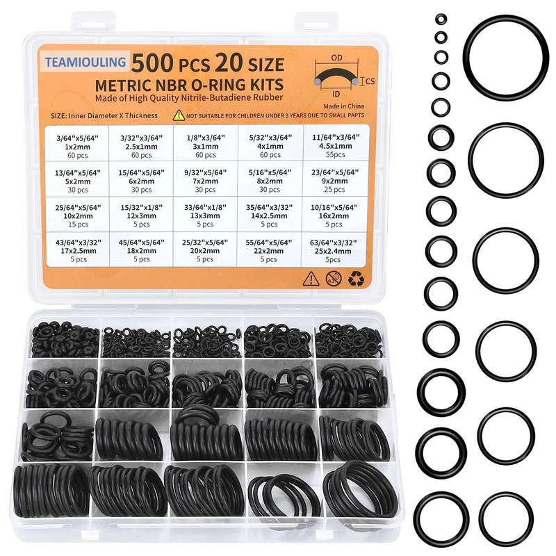 TEAMIOULING 500pcs 20-Size Rubber O-Ring Kit - Plumbing, Auto, HVAC