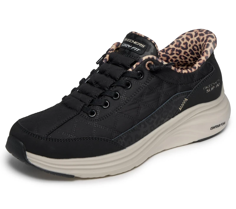 Skechers Women's Cozy Fit Leopard Dream, Black/White, 5 UK