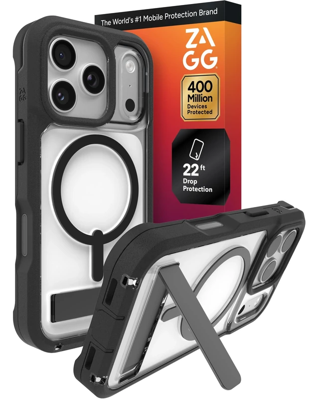 ZAGG Rainier Case with Kickstand for iPhone 17 Pro - Black, Graphene 22ft (7m) Drop Protection, Lanyard Attach Points, MagSafe, Wireless Charging Compatible, 2-Piece Design, Phone Case