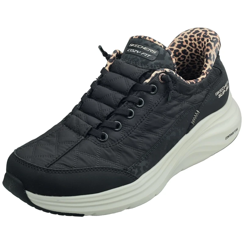 Skechers Women's Cozy Fit Leopard Dream, Black/White, 6.5 UK