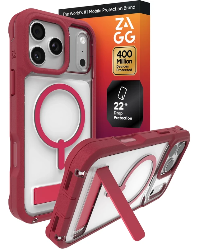 ZAGG Rainier Case with Kickstand for iPhone 17 Pro Max – Red Black Cherry, Graphene 22 ft (7 m) Drop Protection, Lanyard Attach Points, MagSafe, Wireless Charging Compatible, Phone Case
