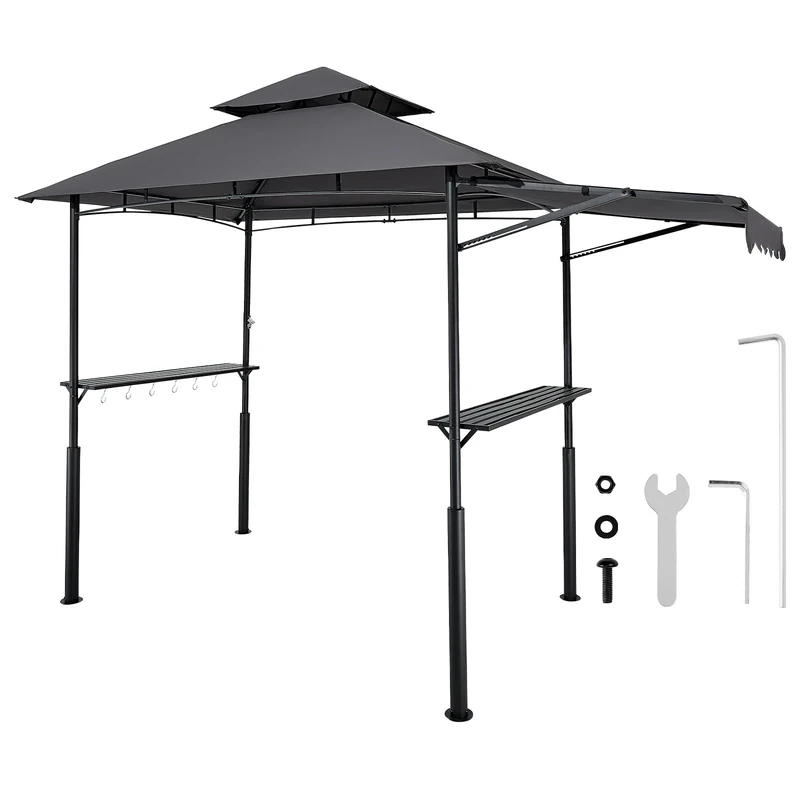 VEVOR Grill Gazebo, 8 x 5 ft Double-Tiered Top, BBQ Gazebo with Extra Awning, Powder-Coated Steel Patio Grill Shelter with 2 Side Shelves, Bottle Opener & Hooks, Outdoor Grilling Canopy for Garden
