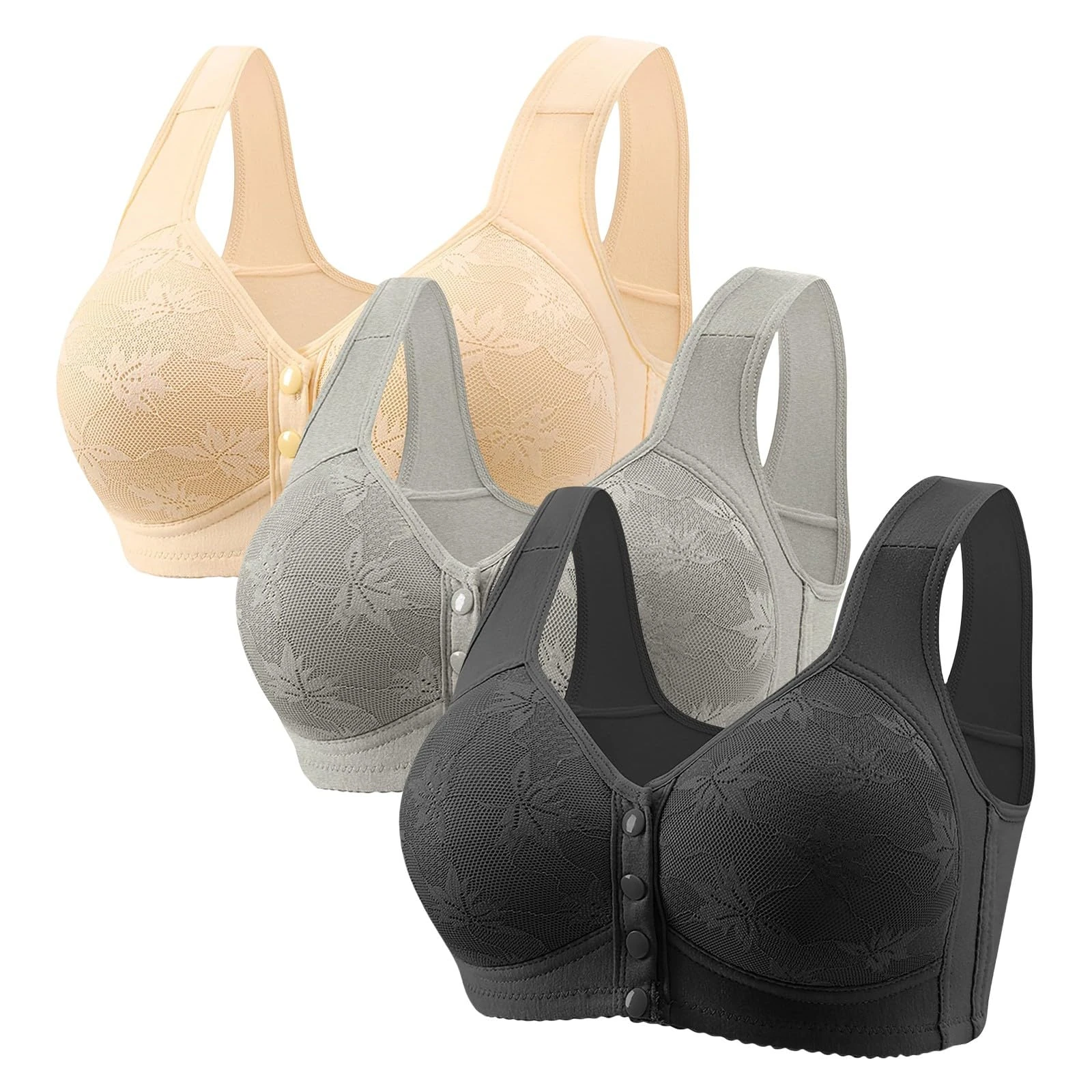 Cocila Front Fastening Bras for Women UK 3 Pieces Women's Bras Plus Size Wireless Bra High Impact Push Up Comfort Bralette Seamless Breathable Multipack Full Support Lace Bra Coffee L