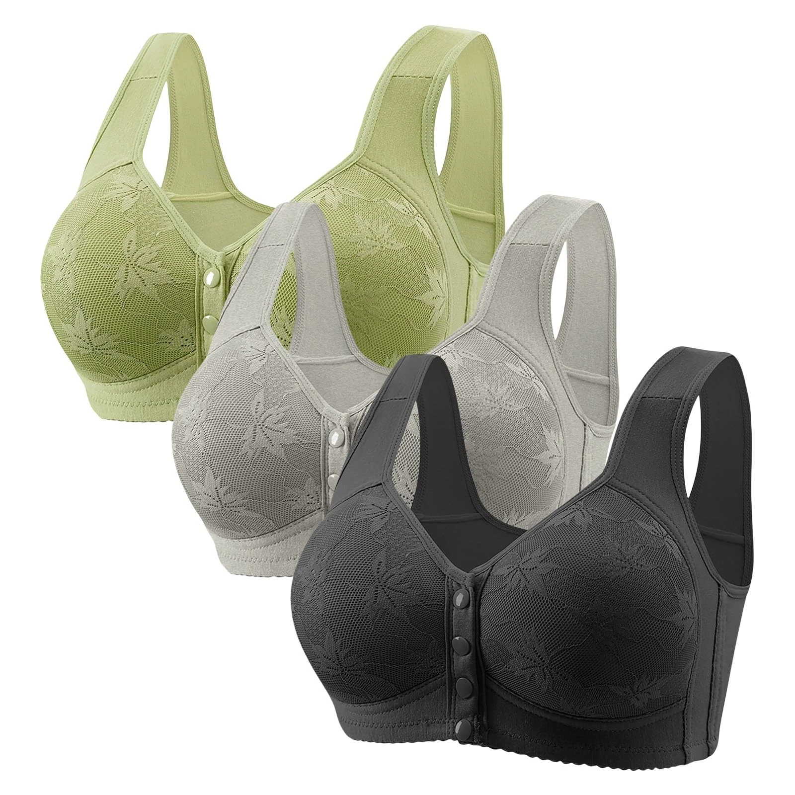 Cocila Front Fastening Bras for Women UK 3 Pieces Women's Bras Plus Size Wireless Bra High Impact Push Up Comfort Bralette Seamless Breathable Multipack Full Support Lace Bra Green L