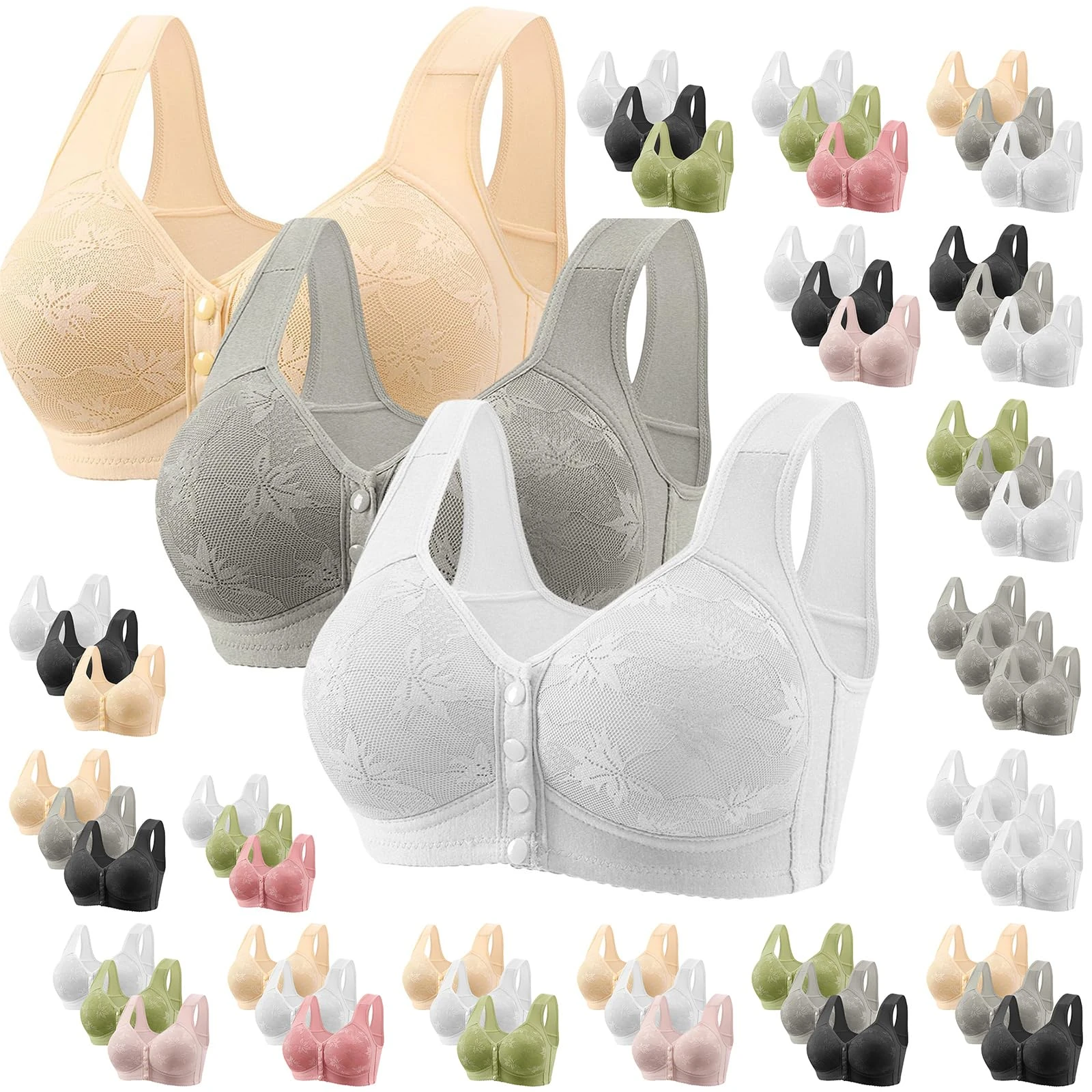 Cocila Front Fastening Bras for Women UK 3 Pieces Women's Bras Plus Size Wireless Bra High Impact Push Up Comfort Bralette Seamless Breathable Multipack Full Support Lace Bra Beige L