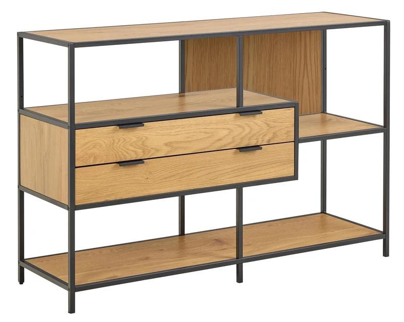 AC Design Furniture Jörn Shelf, Body and Frame Matt Black Rough Powder-Coated Steel, 2 Drawers and 3 Shelves Matte Wild Oak Rough Melamine with Asymmetric Detail, 114 x 35 x 78 cm