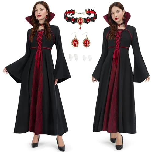Joellfuner Women's Vampire Costume, Halloween Costume, Gothic Medieval Vampire Dress with Red and Black Stand-Up Collar, Necklace, Earrings, Vampire Teeth for Halloween, Carnival, Cosplay