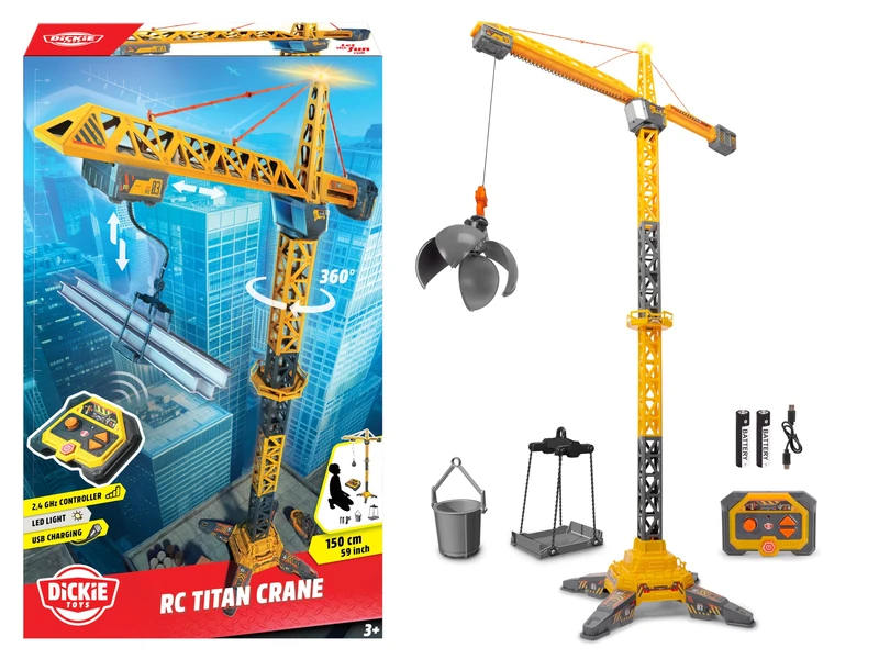 DICKIE 203729025 Titan Radio Control Crane 150 cm, 360° Swivels, Up and Down with Light and USB, Includes Accessories, Construction Toy, Ages 3 and Up