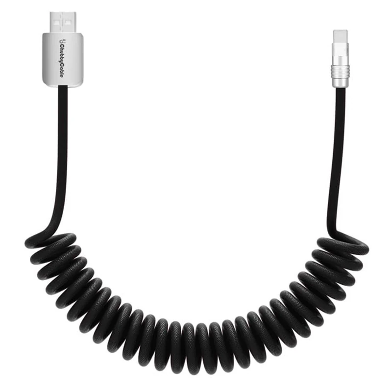 chubbycable Curly Chubby - Retractable Fast Charging Cable 240W Coiled Charger Cord for Car Durable USB-C Cable for Phones, Tablets and More, Black, USB-A to Type-C, 1.3FT-2.3FT