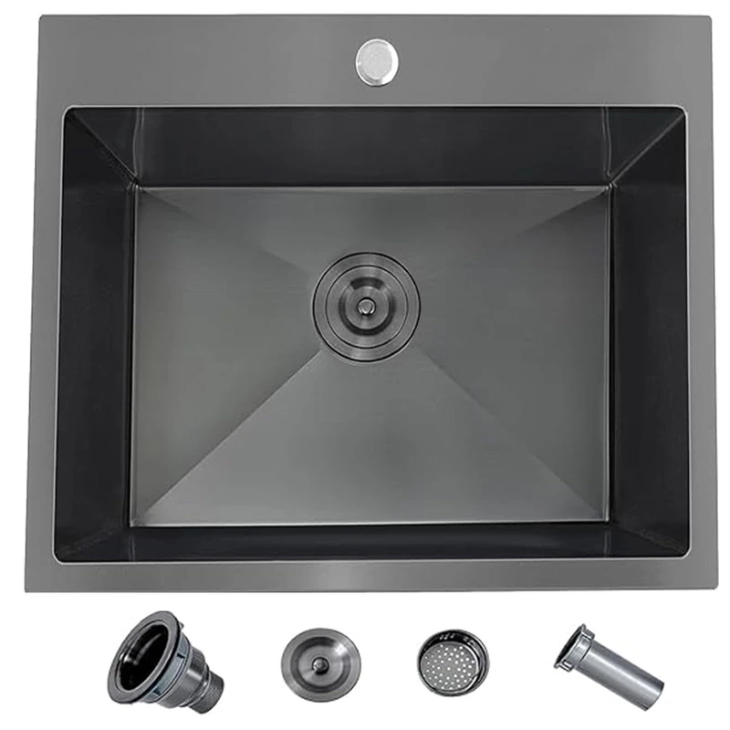 UFaucet 25 Inch Kitchen Sink Drop in, 25x22 Inch Gunmetal Black Stainless Steel Bar Topmount Single Bowl RV Laundry Utility Outdoor Wet Prep Small Sink with Drain