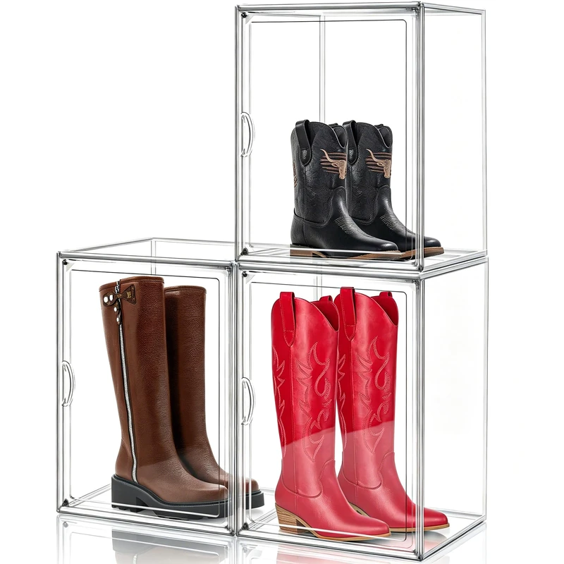 5 Pack Boot Boxes for Tall Boots, Acrylic Shoe Box XX-Large Sneaker Storage Boxes Shoe Display Case for Collectibles Clear Plastic Stackable Handbag Organizer with Magnetic Lids