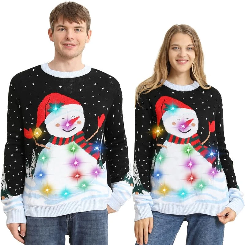Kouric Christmas Jumpers for Women Men UK,Light Up Christmas Jumper,Unisex Cute Snowman Ladies Christmas Jumpers,Led Ugly Christmas Sweater,Fun Rude Matching Xmas Sweaters for Couples Adult