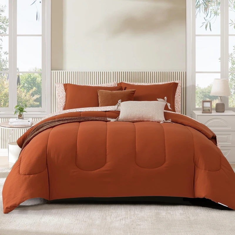 Full Size Comforter Set-7 Pieces Rust Soft Bed in a Bag Full Bedding Sets