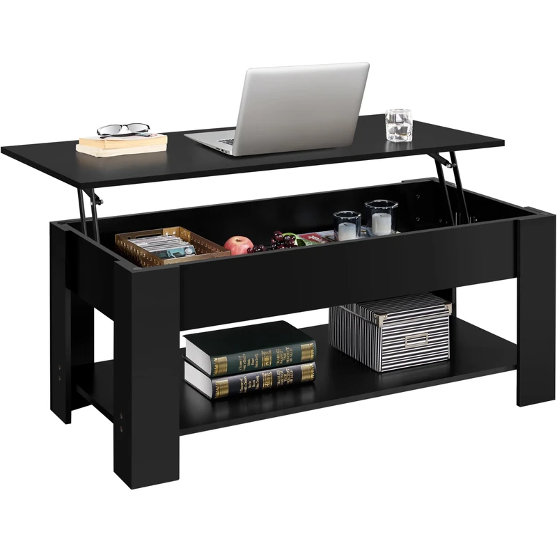 Yaheetech Lift Up Coffee Table, Wooden Lifting Tea Table with Hidden Storage Drawer and Open Shelf for Living Room/Reception (Black, 120D x 59W x 63.5H)
