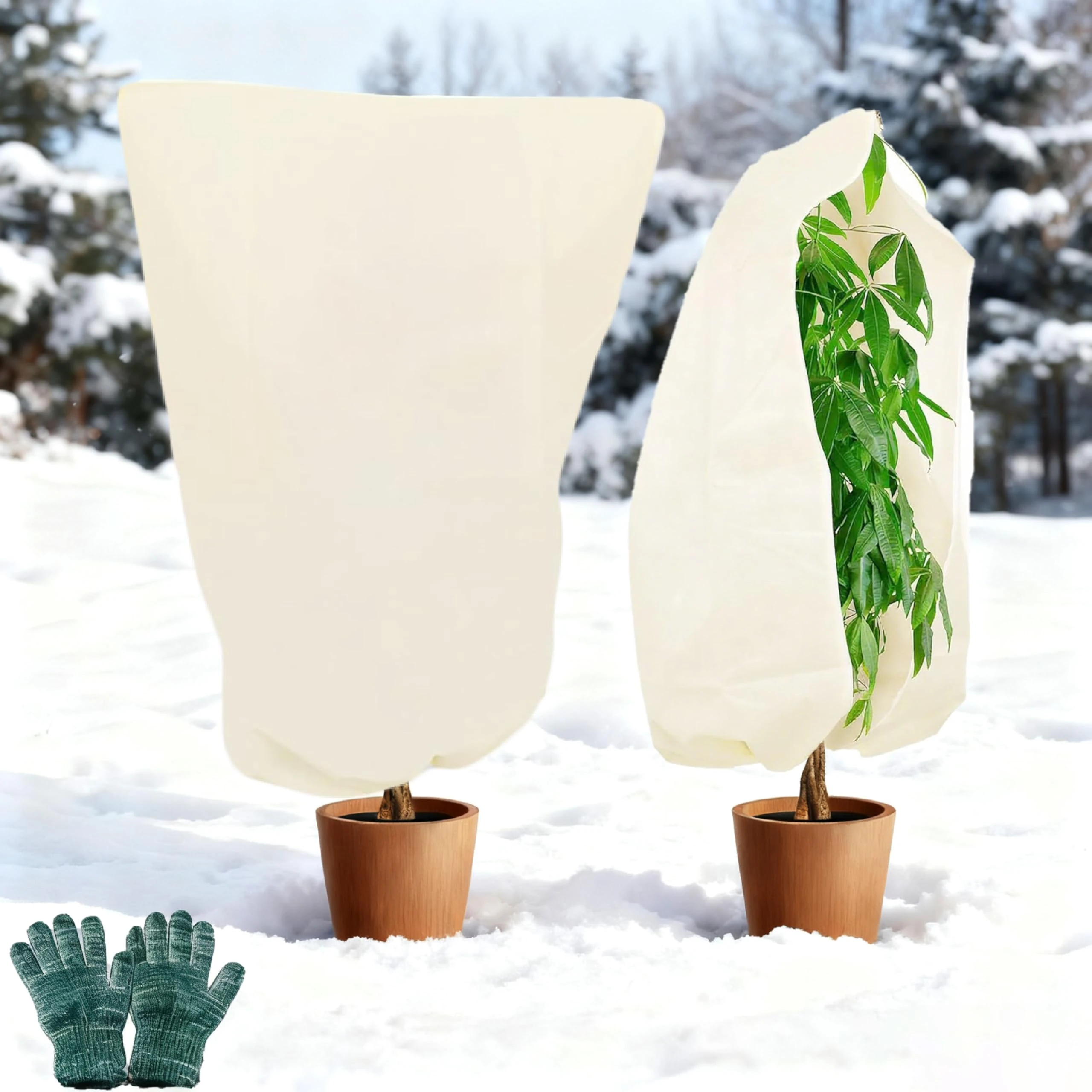 2 Pack Plant Fleece Frost Protection Covers (60gms, 60x80cm) with 1 Pair Gloves – Winter Garden Fleece Jackets for Potted Plants, Protect Outdoor Plants from Frost, Birds, Insects & Bad Weather