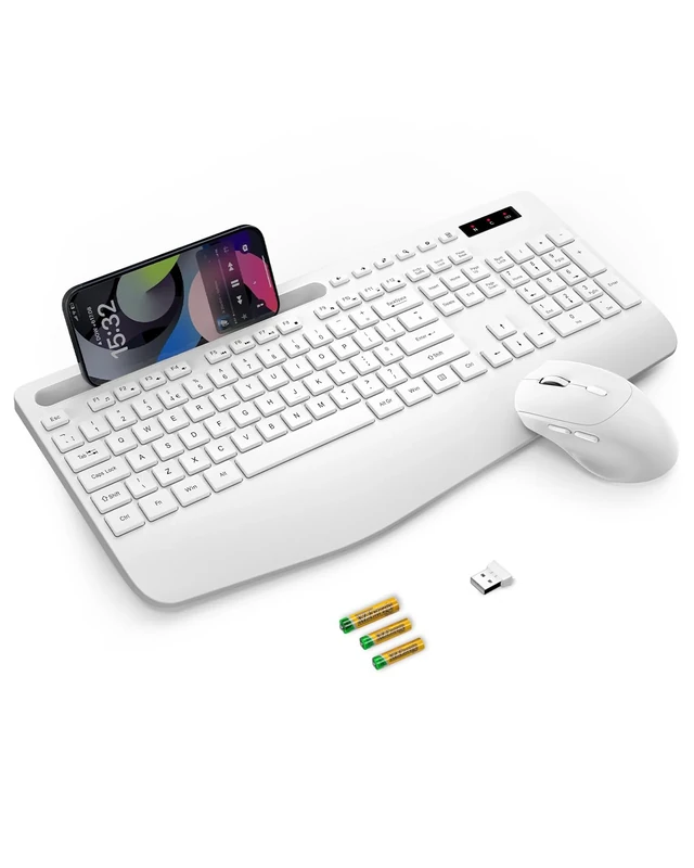 Wireless Keyboard and Mouse Set, 2.4G Ergonomic Cordless Set with Wrist Rest, Phone Holder, Batteries Included, Lag-Free Silent Keyboard and Mouse Combo for Laptop, PC, Mac, Windows - White