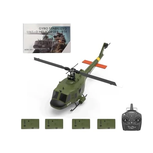 RC Helicopter for Adults, F07 UH-1 Huey 1/34 Scale Remote Control Helicopter with Realistic Military Design, 6-Axis Gyro, Flybarless Stability, Optical Flow Positioning - 4 Battery