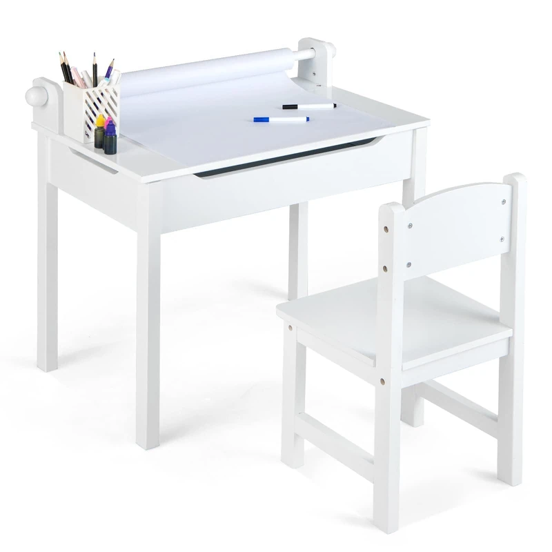 FANTASK Children's Table, Children's Desk with Chair, Paper Roll Holder & Markers, Student Desk with Folding Table Top, Youth Desk for Children from 3 Years (White)