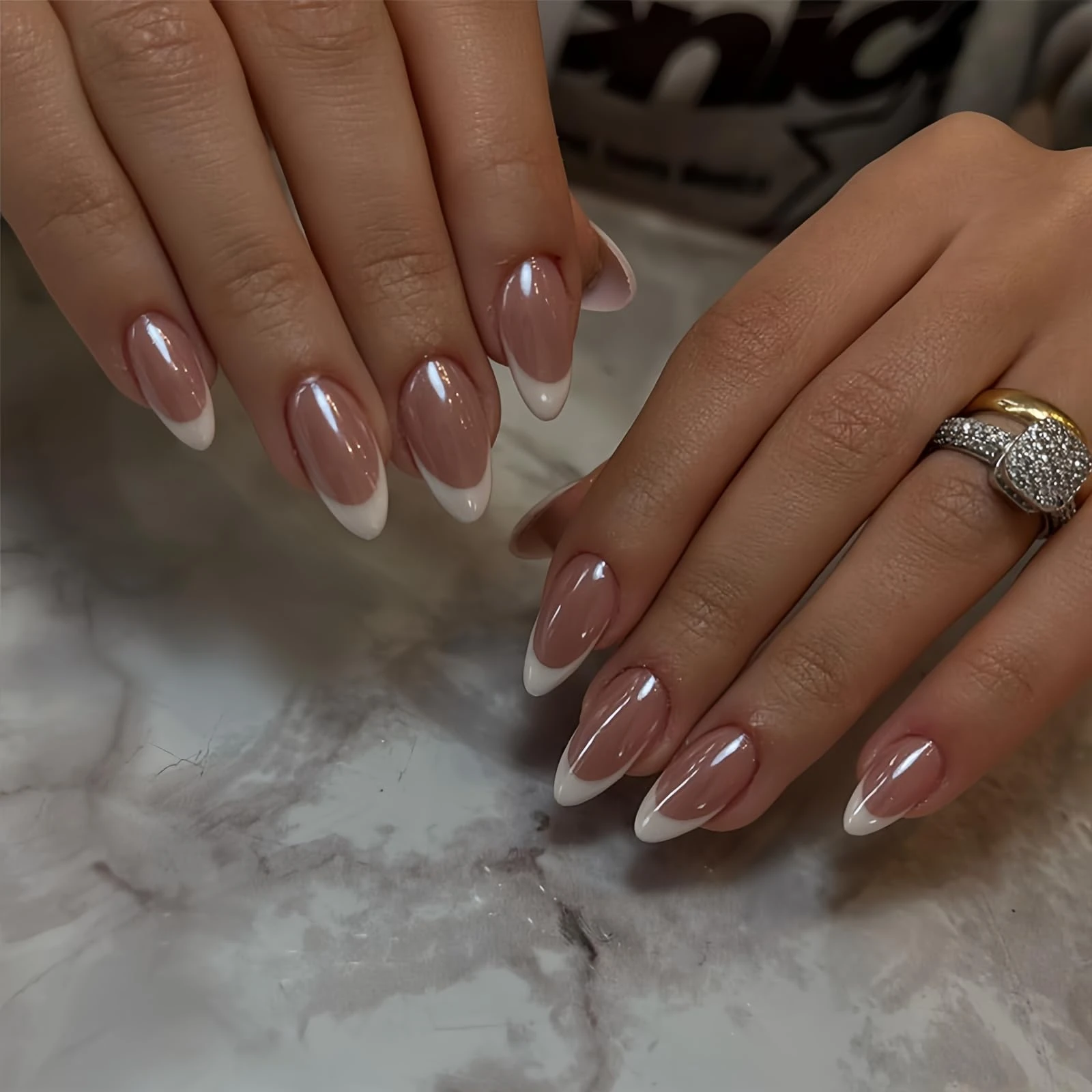 30 Pcs Chrome Press on Nails - French Tip False Nails - 24pcs Medium Almond Press On - Fake With Glue - Acrylic Glossy Nude With White Tips Designs - Full Cover Glue On