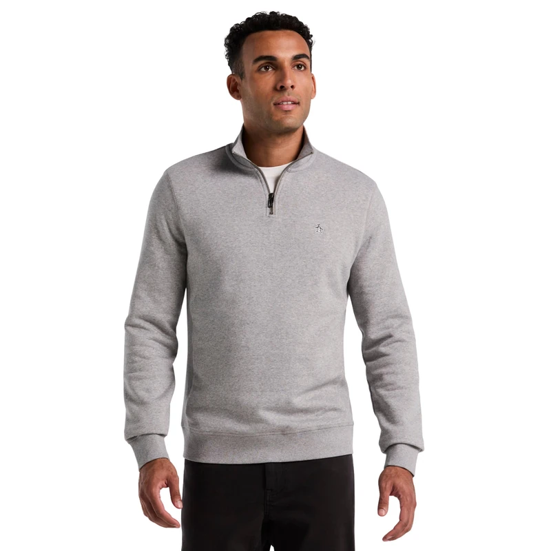 Original Penguin Quarter ZipSticker Pete Organic Cotton Fleece, XL, Rain Heather
