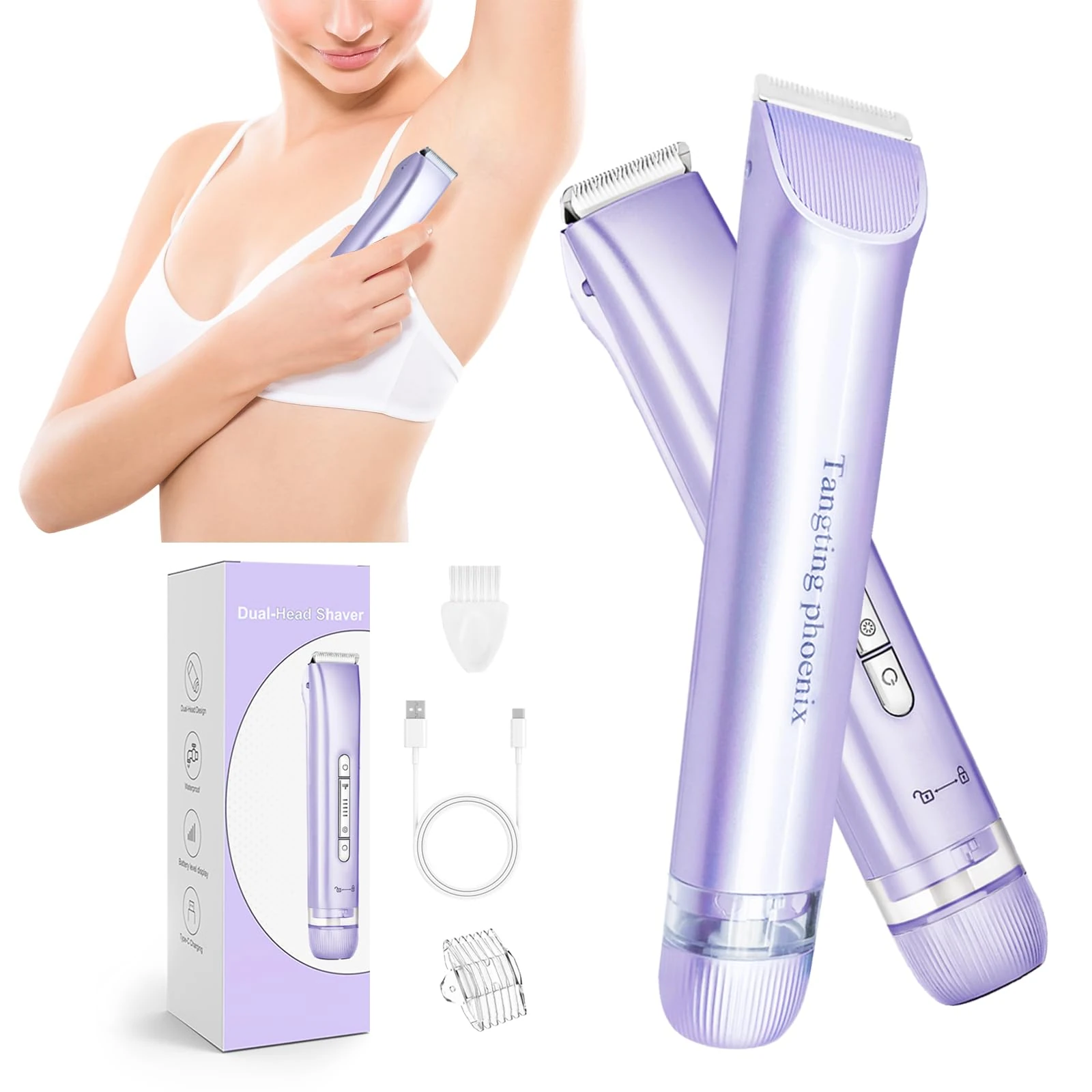 Tangting phoenix 2-in-1 Electric Shaver & Bikini Trimmer for Women-Painless Electric Razor for Face,Body & Intimate Areas,Cordless Wet/Dry Shaver with Dual Blades,Waterproof for Shower&Travel(Purple)