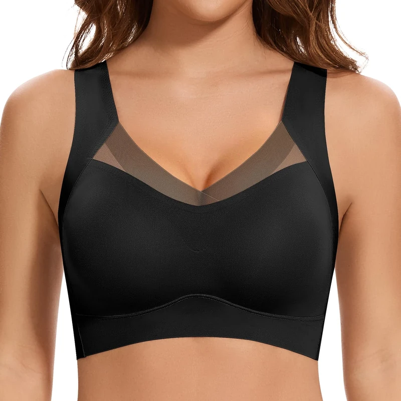 Cavotor Wireless Bras for Women Comfort Support Non Wired Sport Bra for Large Busts Seamless Padded Soft Mesh Bralettes (Black,XL)