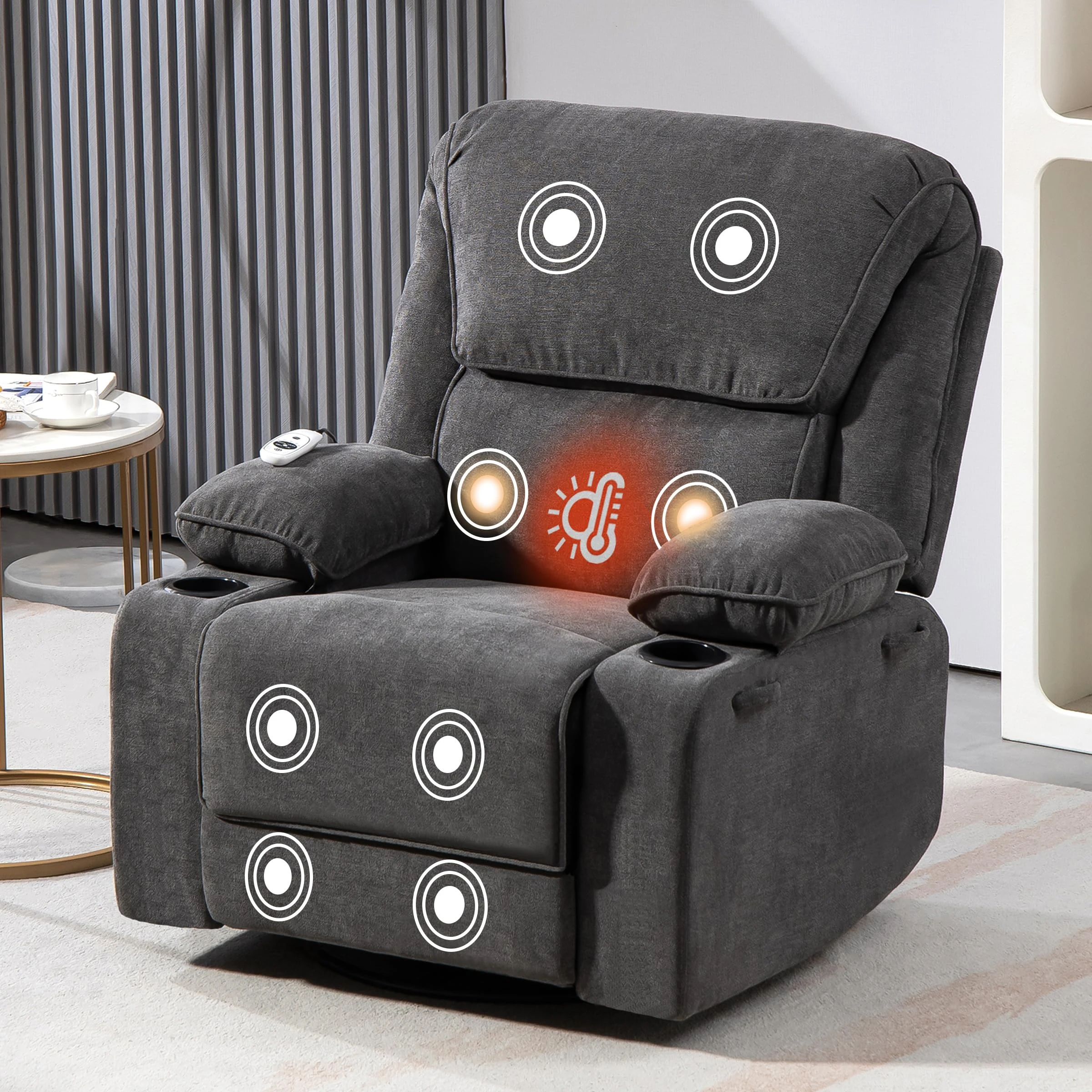 Recliner Chair with Massage& Heat Extended Footrest Armchair Padded Seat Manual Adjustable Legrest and Backrest with Cup Holders for Living Room Bedroom Home Cafe 360° Swivel, Rocking Function