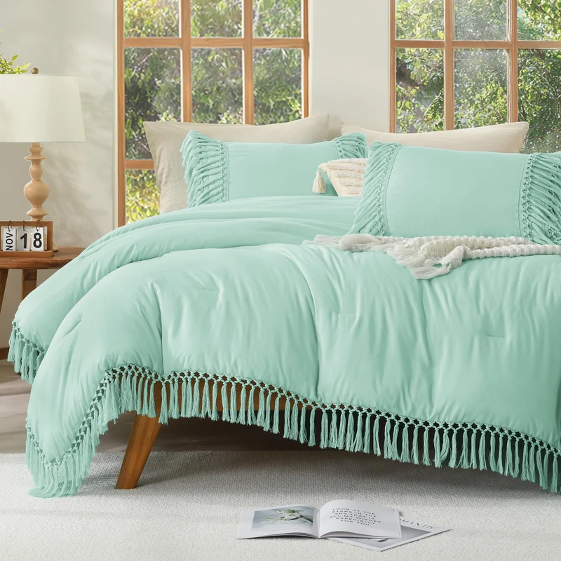 Andency Mint Comforter Set Full, 3 Pieces Boho Tassel Bedding