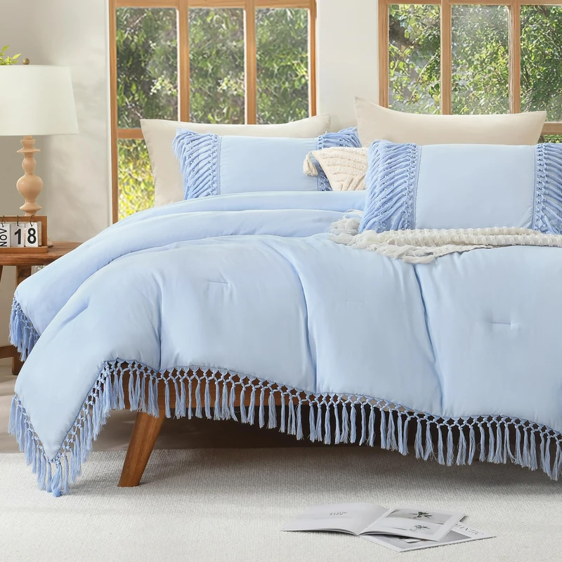 Andency Light Blue Comforter Set Queen, 3 Pieces Boho Tassel Bedding