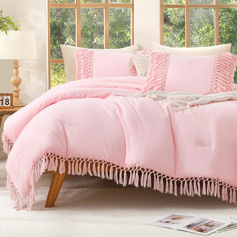Andency Light Pink Comforter Set King, 3 Pieces Boho Tassel Bedding