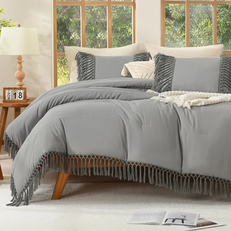 Andency Medium Grey Comforter Set King, 3 Pieces Boho Tassel Bedding