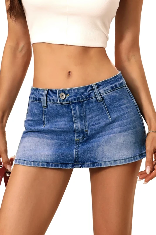 ELLEVEN Low Rise Denim Mini Skirt for Women, High Stretch Jean Skirt with Shorts Underneath Y2k Micro Skort, Dark Blue Denim, L