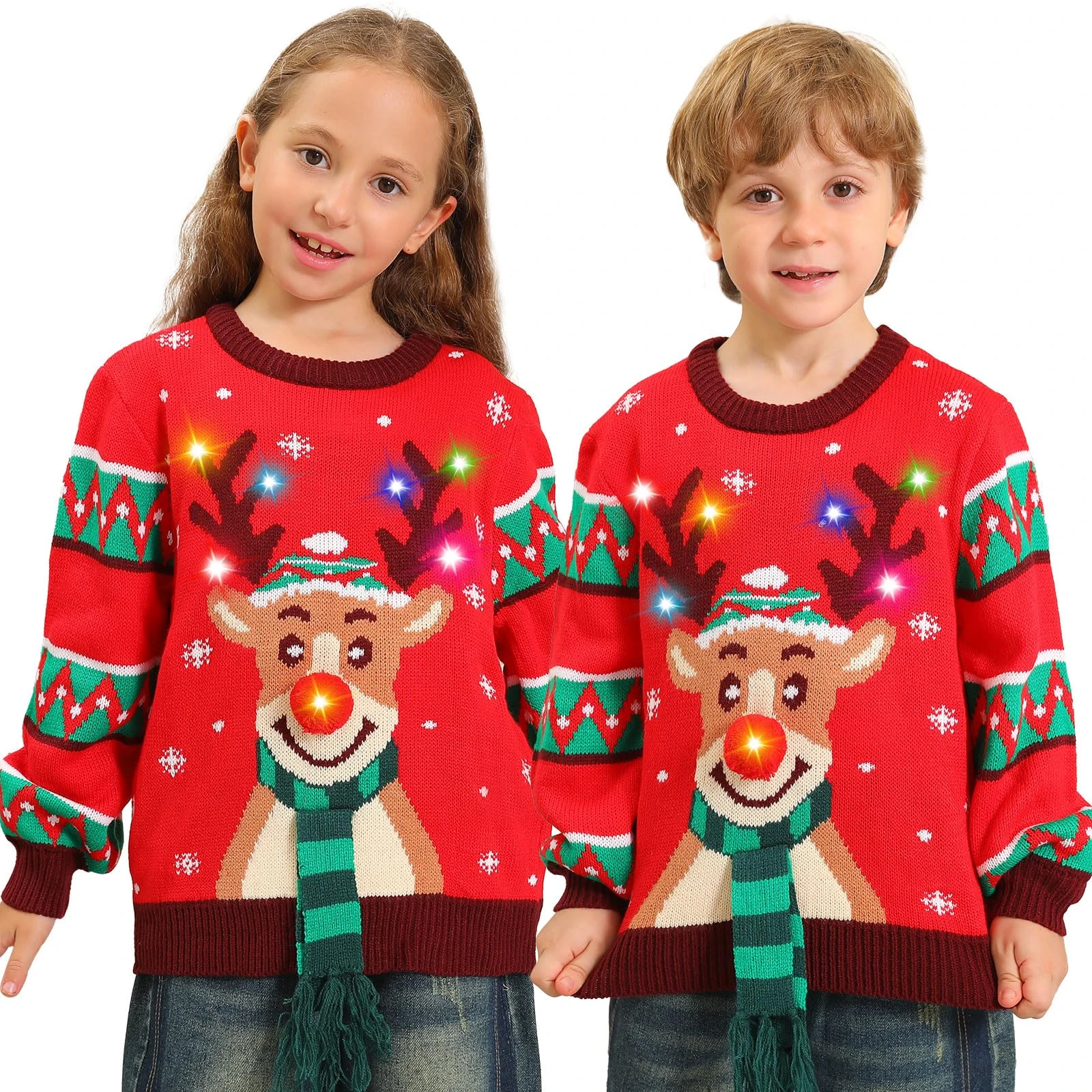 Kouric Christmas Jumper Kids,Boys Girls Light Up Christmas Jumpers,Unisex Funny Novelty Reindeer Led Flashing Ugly Christmas Sweater,Best Festive Tacky Rude Matching Xmas Jumper for Children 4-13years