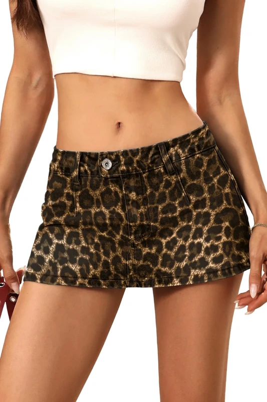ELLEVEN Low Rise Denim Mini Skirt for Women, High Stretch Jean Skirt with Shorts Underneath Y2k Micro Skort, Leopard Print, L