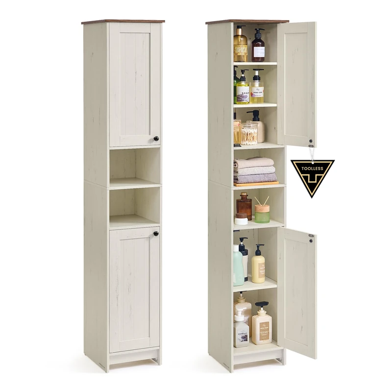 SONGMICS HOME Slim Tall Bathroom Floor Storage Cabinet, Superfast Toolless Assembly, Narrow Storage Unit with Adjustable Shelves for Living Room Entryway, 30 x 30 x 170 cm, Rustic White BBC667WJ01