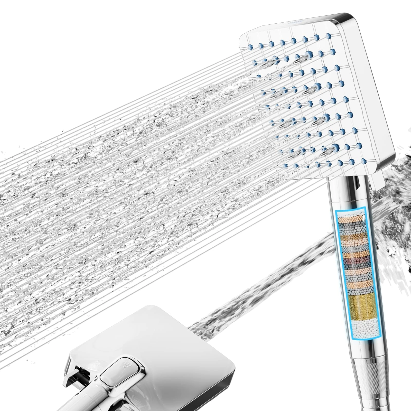Cobbe Shower Head with Filter, High-Pressure Hand Shower with 20-Layer Filtration, 1.5M Hose, 7 Spray Modes, Square Shower Head, Chrome