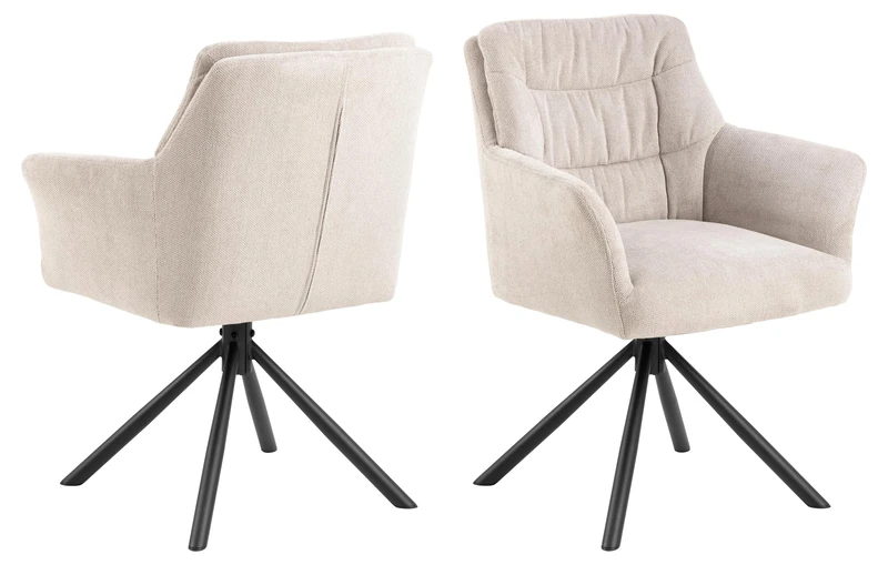 AC Design Furniture Elliot Dining Room Chair with Armrest, Beige Fabric, 4 Star Frame, Matt Black, Rough, Powder-Coated Steel with Rotating Function, Cross Quilting, Zip and Pocket Springs