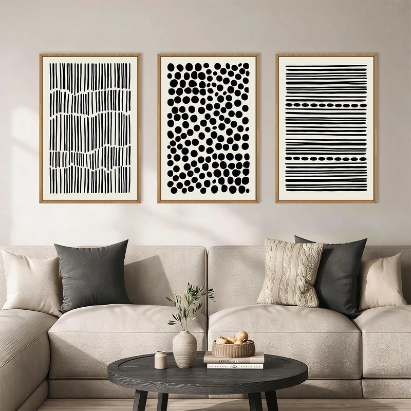 KAIRNE Black and White Boho Framed Canvas Wall Art Set, Abstract Modern Geometric Wall Decor, Minimalist Black Line Wall Painting, Modern Neutral Art Print for Living Room, Bedroom, Kitchen 24x36inch