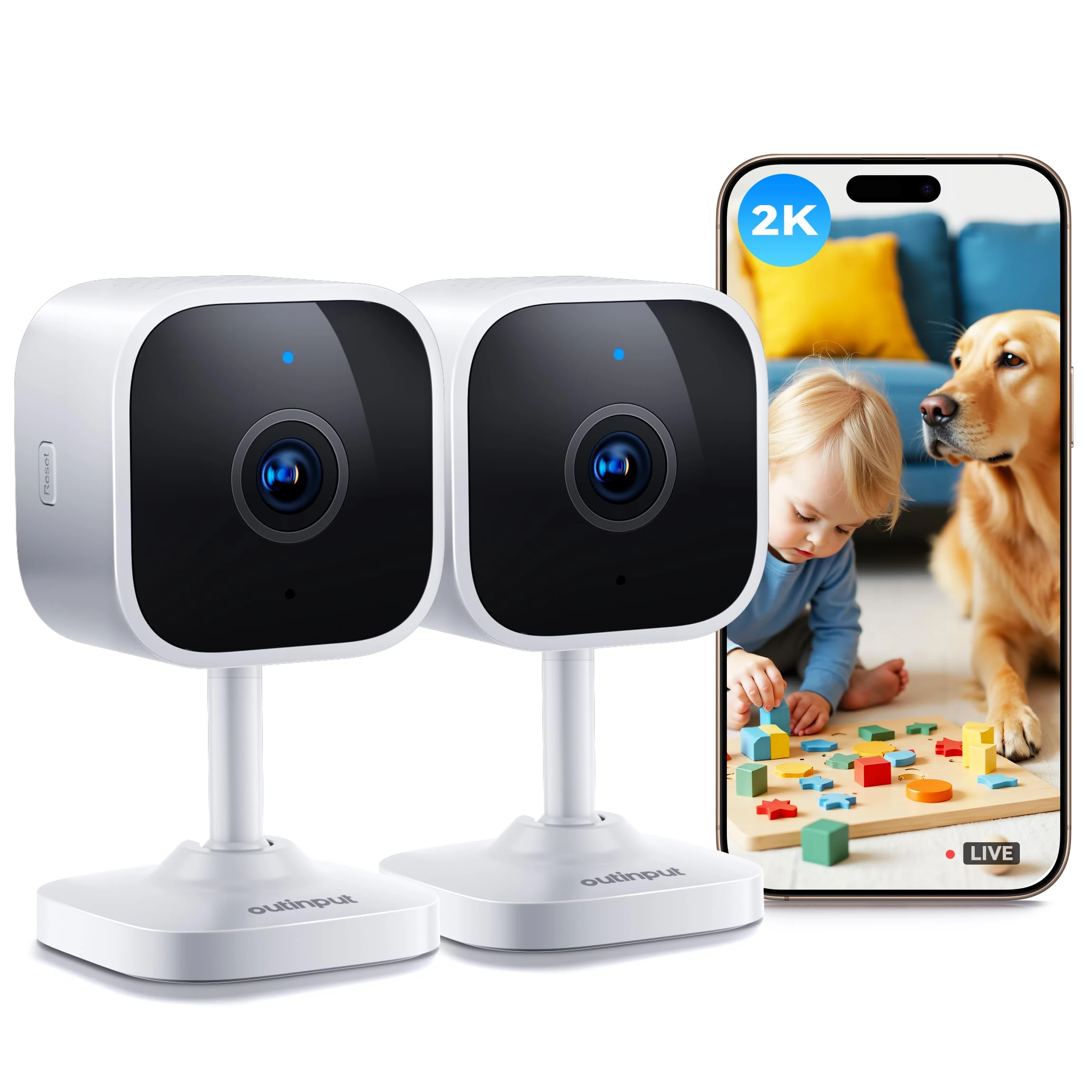 Outinput 2K 3MP Indoor Security Camera, Dog Camera, Home Cameras, WiFi Baby Monitor with Night Vision, Motion/Sound Detection, 2-Way Talk, APP Control, Cloud & SD, 24/7 Recording Pet Cam (2-Pack)