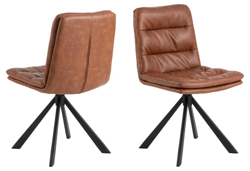 AC Design Furniture Kim Dining Room Chair, PU Retro Cognac, 4 Star Frame, Matt Black, Rough, Powder-Coated Steel with Rotating Function, Cross Stitching and Zip, Colli Set of 2