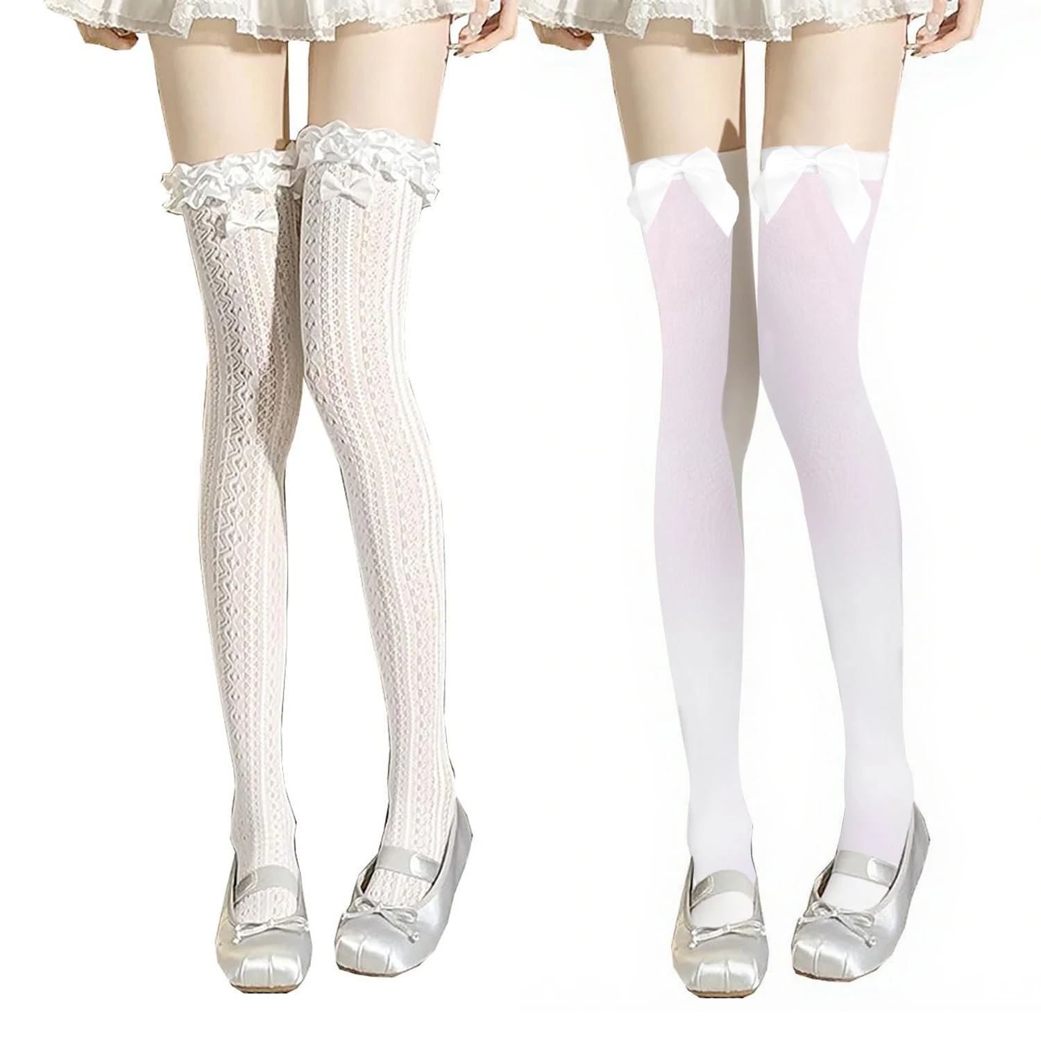 ZKFSIE 2 Pairs White Knee High Socks, Elegant Satin Bow Thigh High Stockings for Women, Stylish Over Knee Long Socks for Cosplay, Oktoberfest, Dating and Daily Fashion