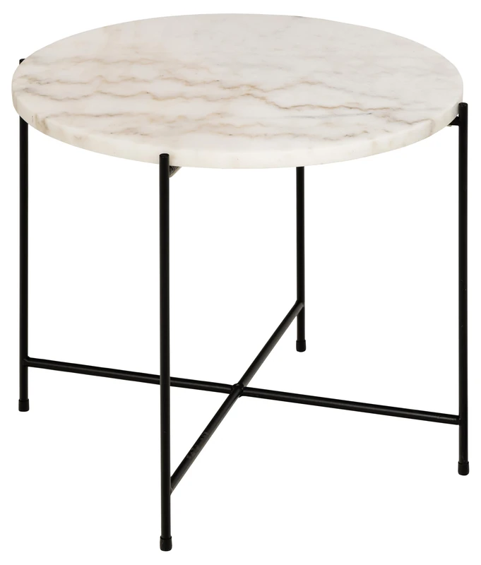 AC Design Furniture Agnar Round Corner Table, Guangxi White Table Top, Polished Marble, Matte Black Rough Powder-Coated Steel, Diameter 52 x 40 cm