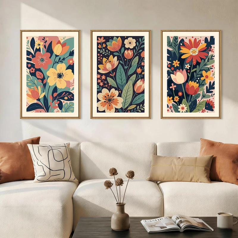 KAIRNE Vintage Colorful Floral Framed Canvas Wall Art Set of 3, Mid Century Modern Flower Wall Decor, Wildflower Plant Painting, Boho Botanical Art Prints for Living Room, Bedroom, Office, 24X36 Inch