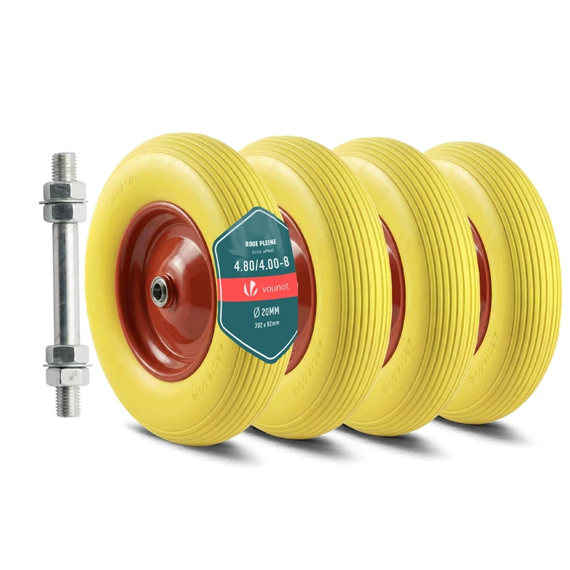 VOUNOT® Set of 4 Puncture-Proof 4.80/4.00-8 PU Wheelbarrow Wheel 392x92mm, 20mm Bore, with Needle Bearings for Hand Trucks, Carts, and Garden Trailers, Yellow