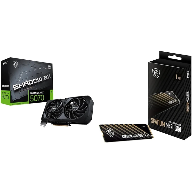 MSI GeForce RTX 5070 12G SHADOW 2X OC Graphics Card GDDR7, PCIe 5.0, HDMI 2.1b, DP 2.1b / MSI SPATIUM M470 PRO SSD 1TB - PCIe 4.0 NVMe M.2 Internal Solid State Drive, 6000MB/s Read & 4500MB/s Write