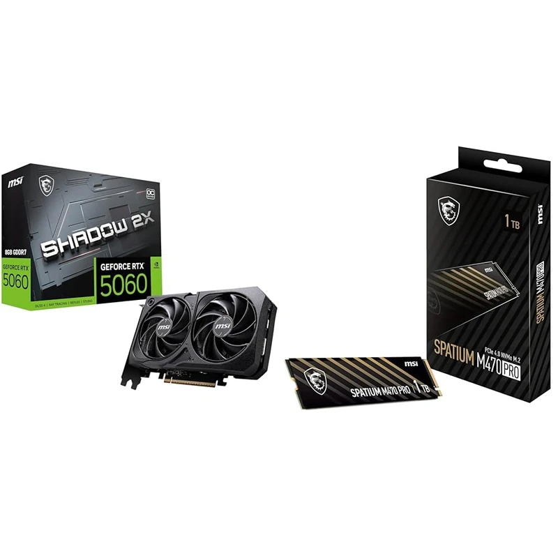 MSI GeForce RTX 5060 8G SHADOW 2X OC Graphics Card GDDR7, PCIe 5.0, HDMI 2.1b, DP 2.1b / MSI SPATIUM M470 PRO SSD 1TB - PCIe 4.0 NVMe M.2 Internal Solid State Drive, 6000MB/s Read & 4500MB/s Write