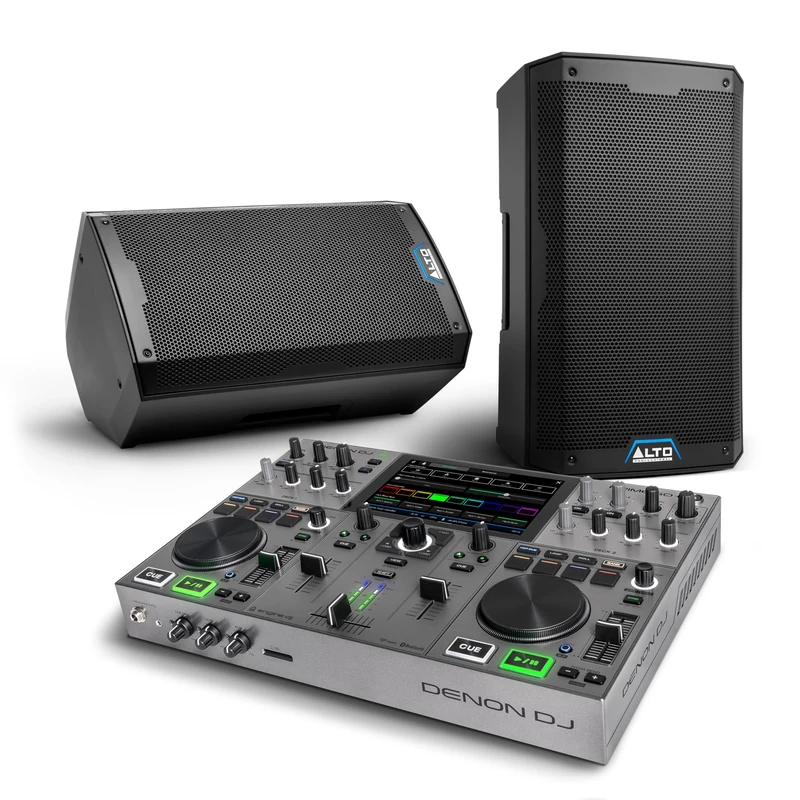 Denon DJ PRIME GO+ DJ Controller and ALTO TS410 Powered PA Speakers Pair for Live Music, DJ sets, Events, Music production