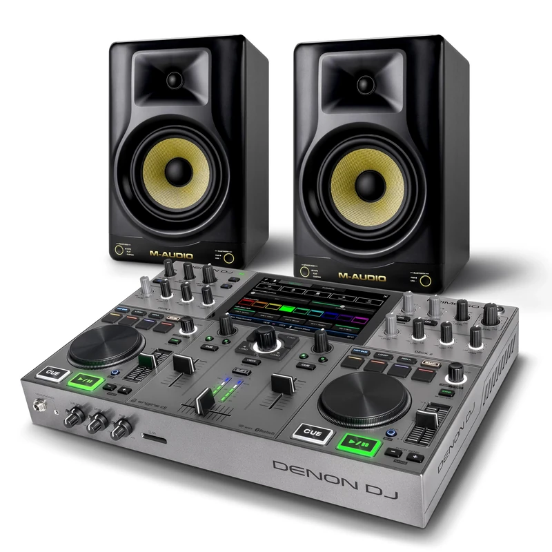 Denon DJ PRIME GO+ DJ Controller and M-AUDIO Forty Sixty Pair Studio Monitors for Studio Recording, Music Production, Podcasting, Streaming