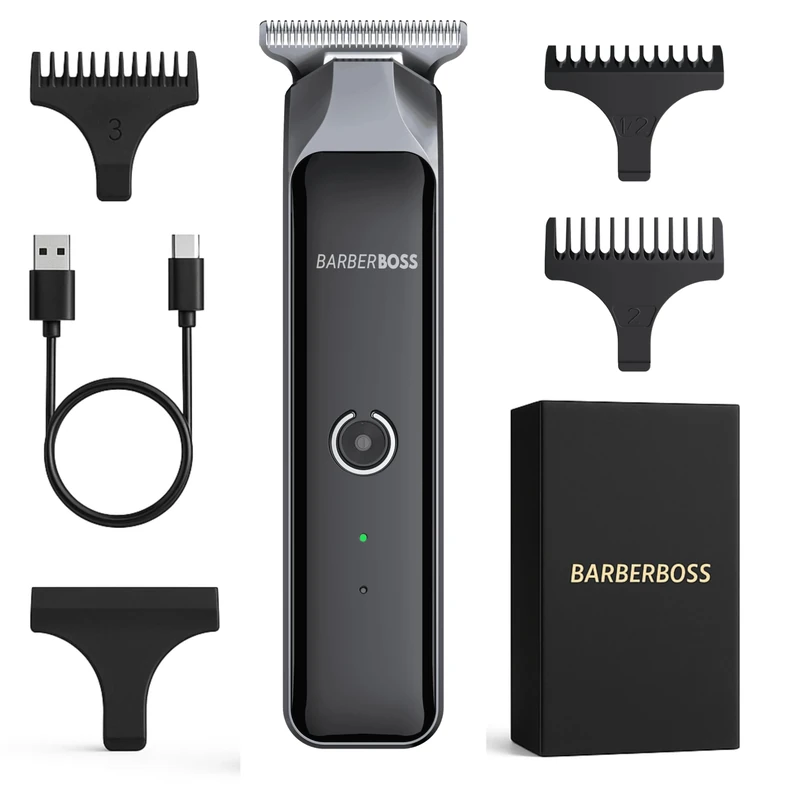 BarberBoss Cordless Hair Trimmer for Men, Beard T-Blade Groomer, Waterproof Grooming Kit with 4 Guide Combs, LCD Display, USB Fast Charging, Face & Body Hair Clipper (Black)